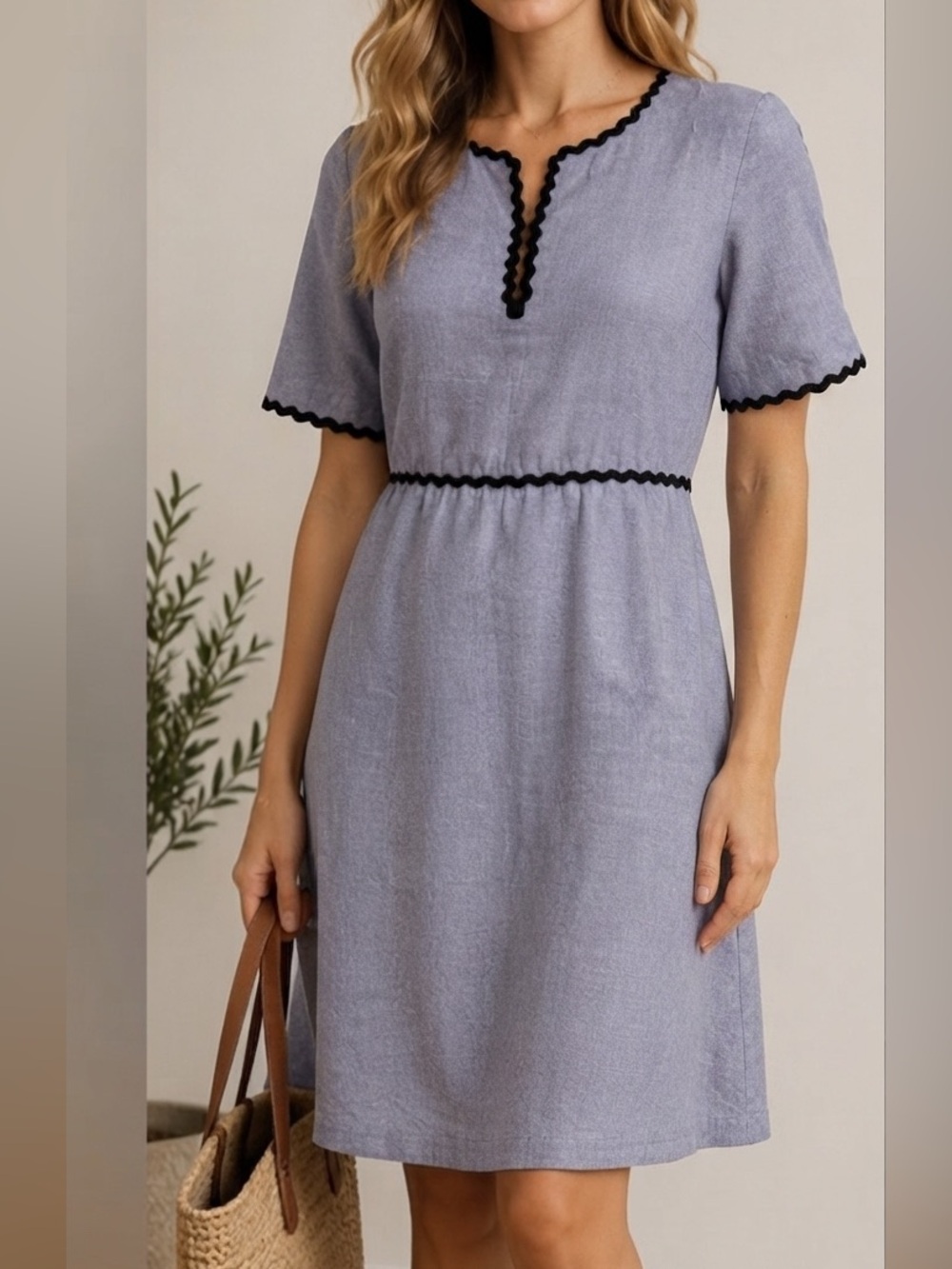 & Other Stories Chambray Blue Linen Ric Rac Trim Midi Dress Size 6 US / 36 EUR